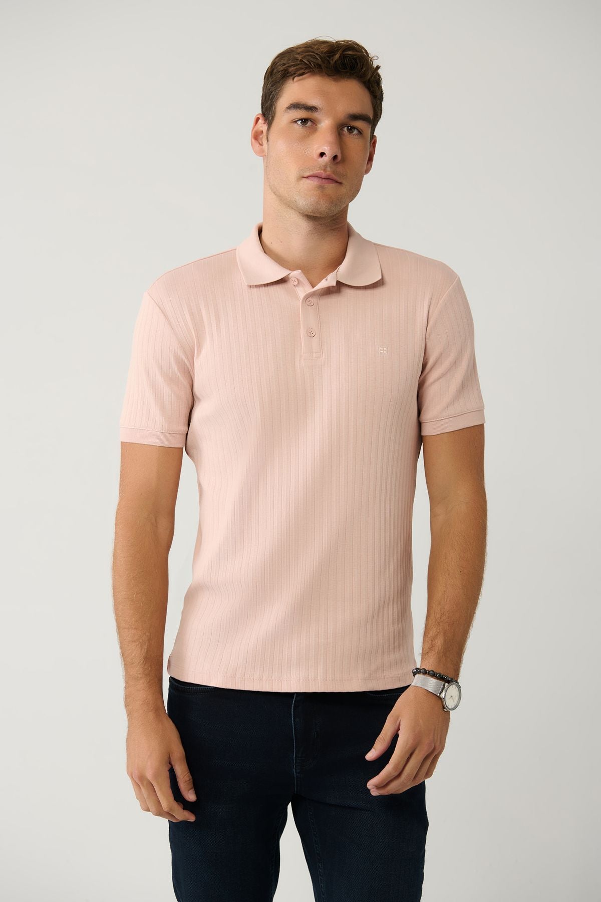 Male Light Pink 100 %Cotton 3 Buttoned Jacquar Polo Yaka T-shirt A41y1354