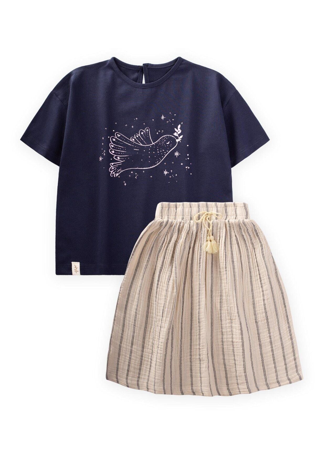 Bird Printed Stone Detailed Müslin Skirt Team 2-8 Years Navy blue