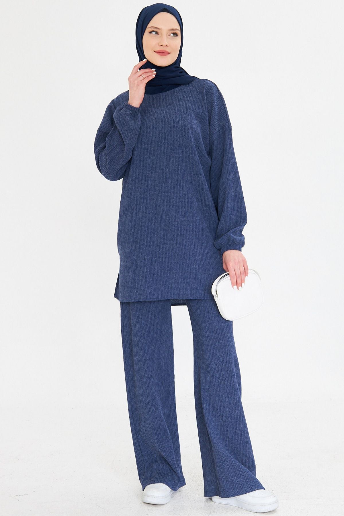 Woman Navy blue zero collar sleeve tire as well as slit pants hijab double set ARM-25K001109