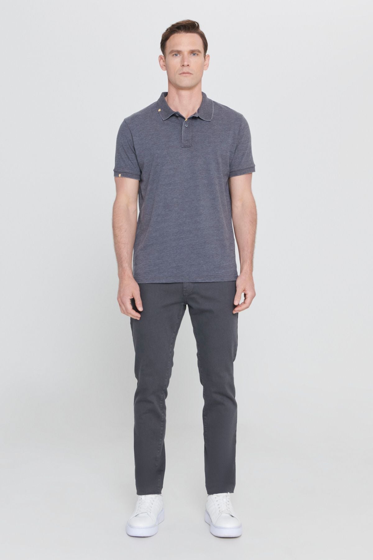Men's anthracite slim fit narrow cut cotton embroidery detailed Polo Yaka T -shirt