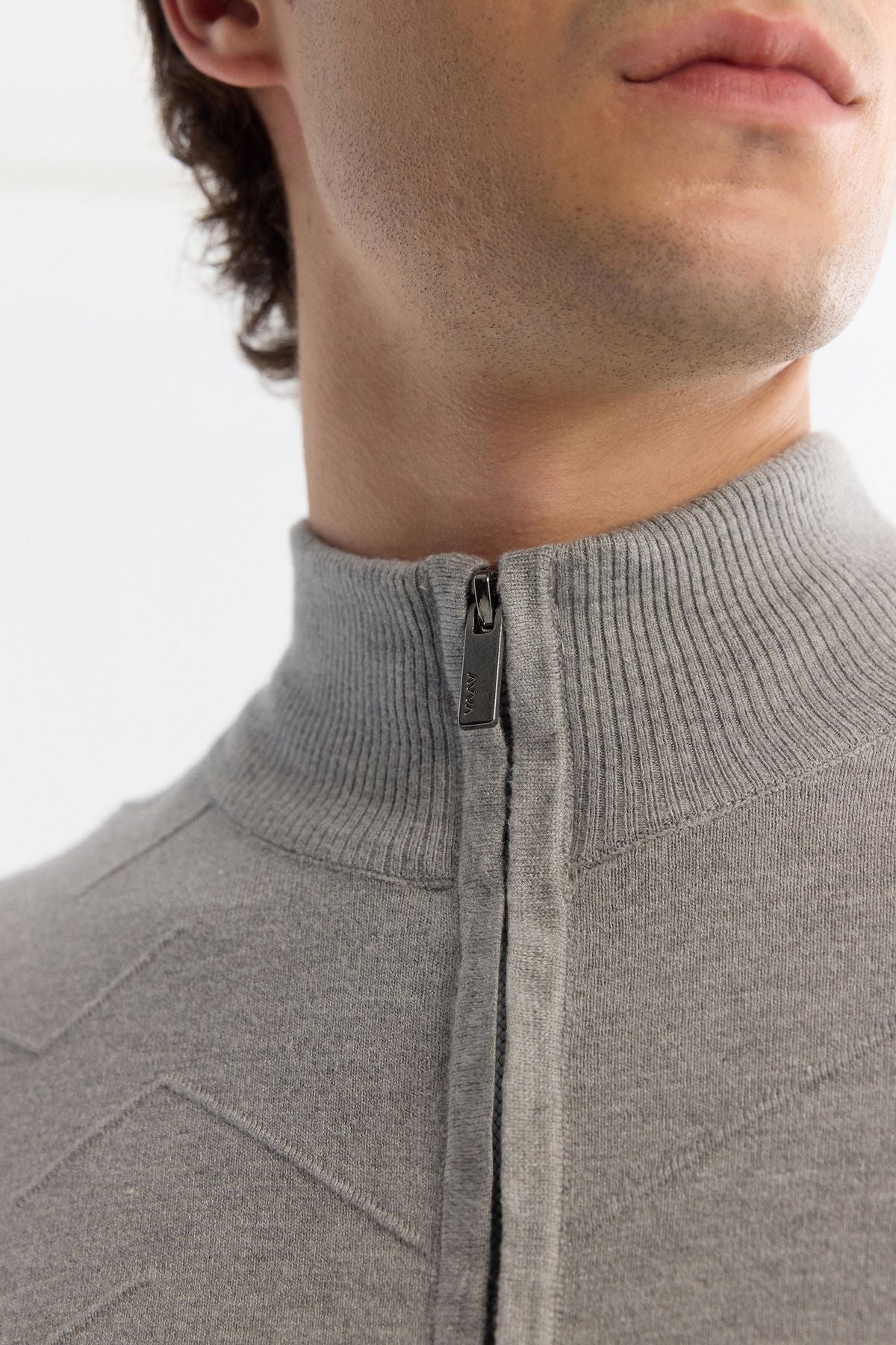 Men's gray upright collar zipper front patterned soft touch knitwear cardigan A42y5077
