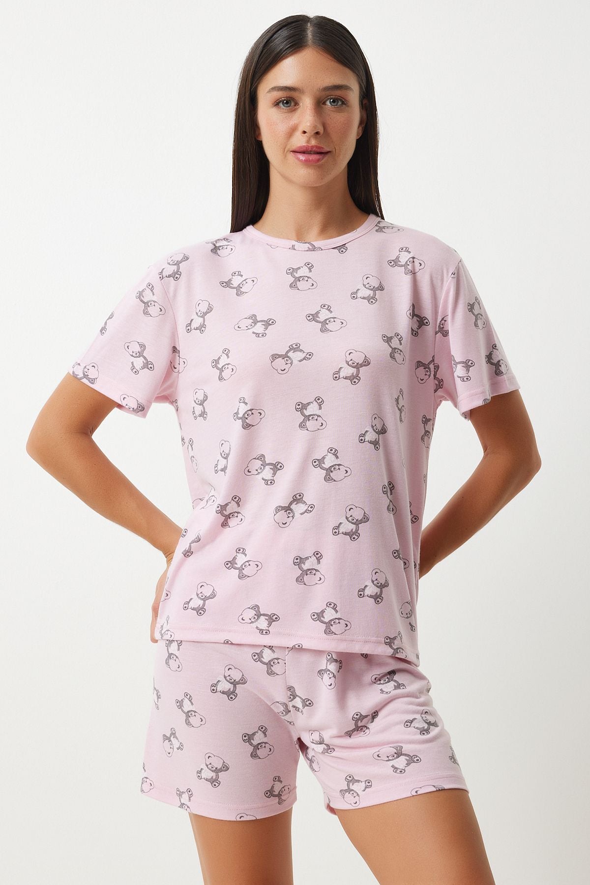 Woman Light Pink Patterned Viscose Short T-Shirt Pajama Set EC00045