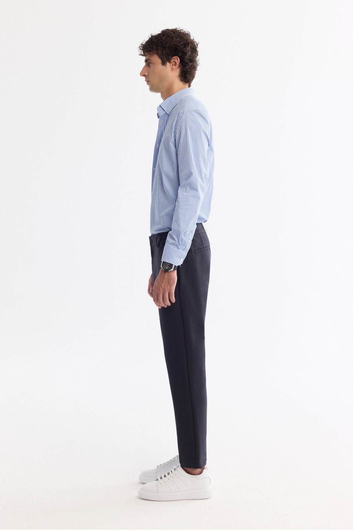 Men's navy blue wrinkle -dry -dry waist extra flexible technical fabric pants A42y3065