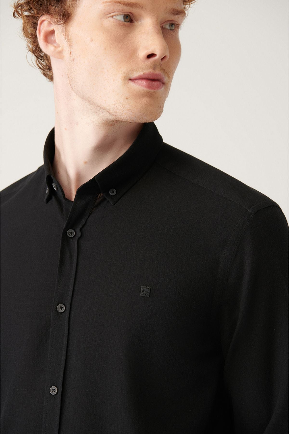 Men's black button collar 100 %cotton linen textured shirt E002141