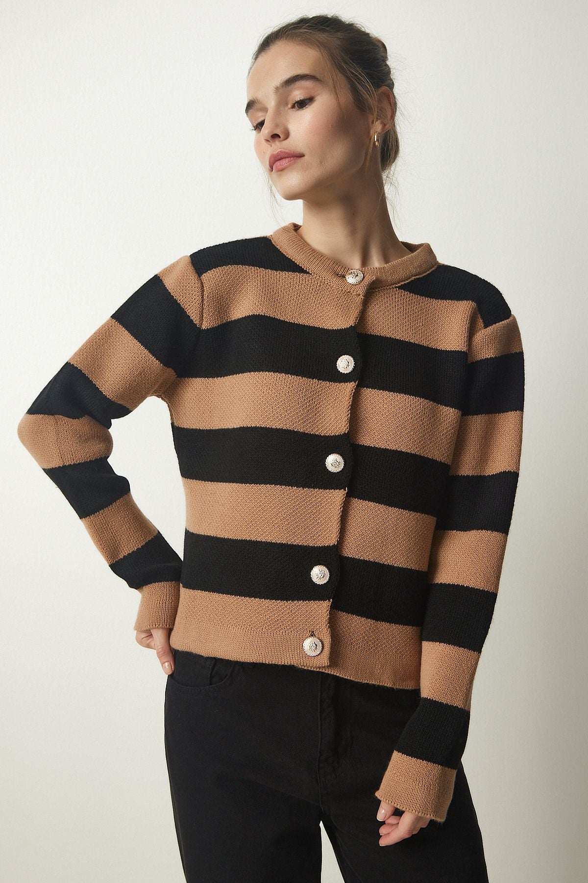 Female Biscuit Black Stylish button striped knitwear cardigan NF00078