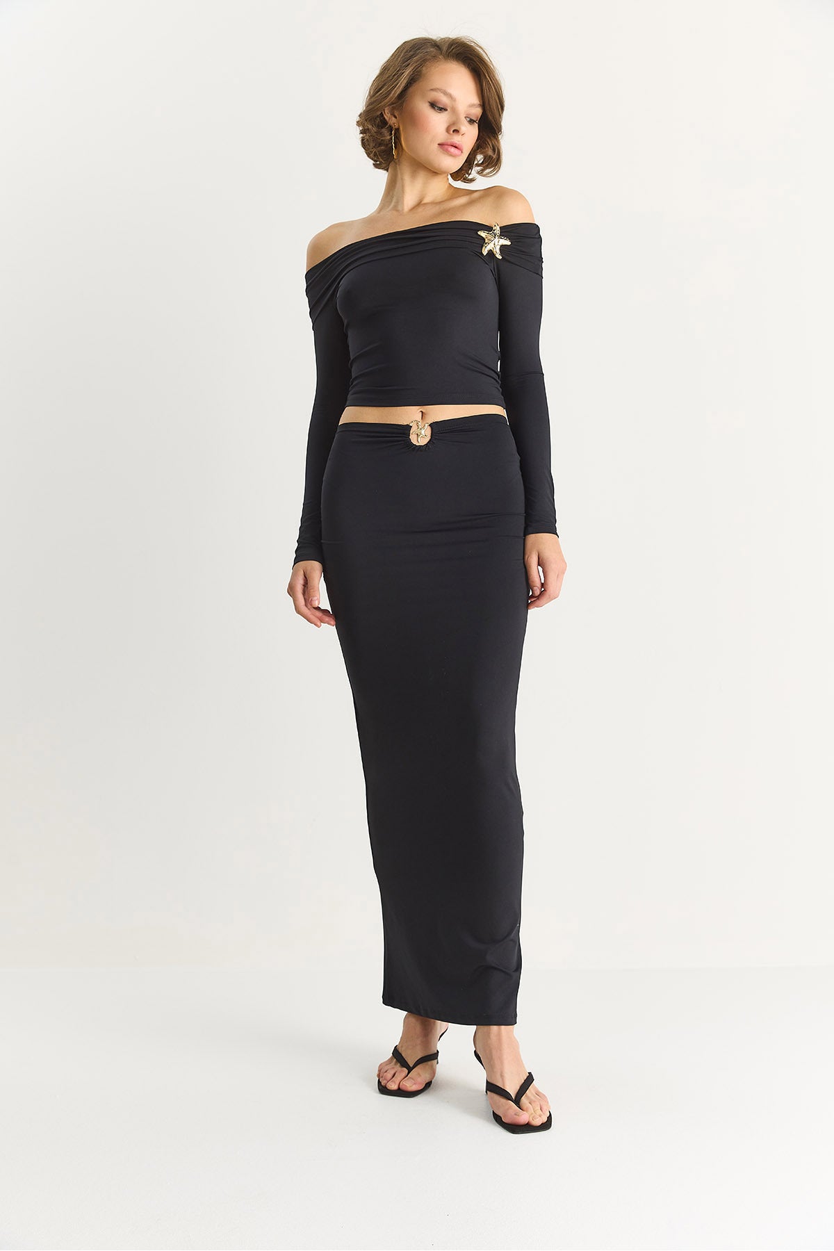 Women's Accessory Detailed Collar Collar Blouse Long Skirt Lycra Saran Suit 10873 60283552