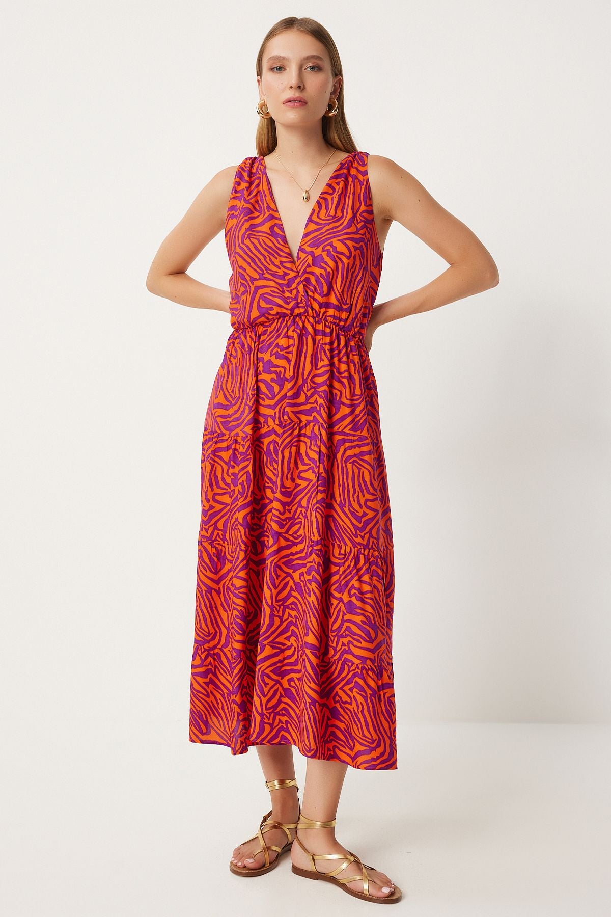 Female Oranj Purple Patterned V -Neck Summer Viscose Dress CI00110