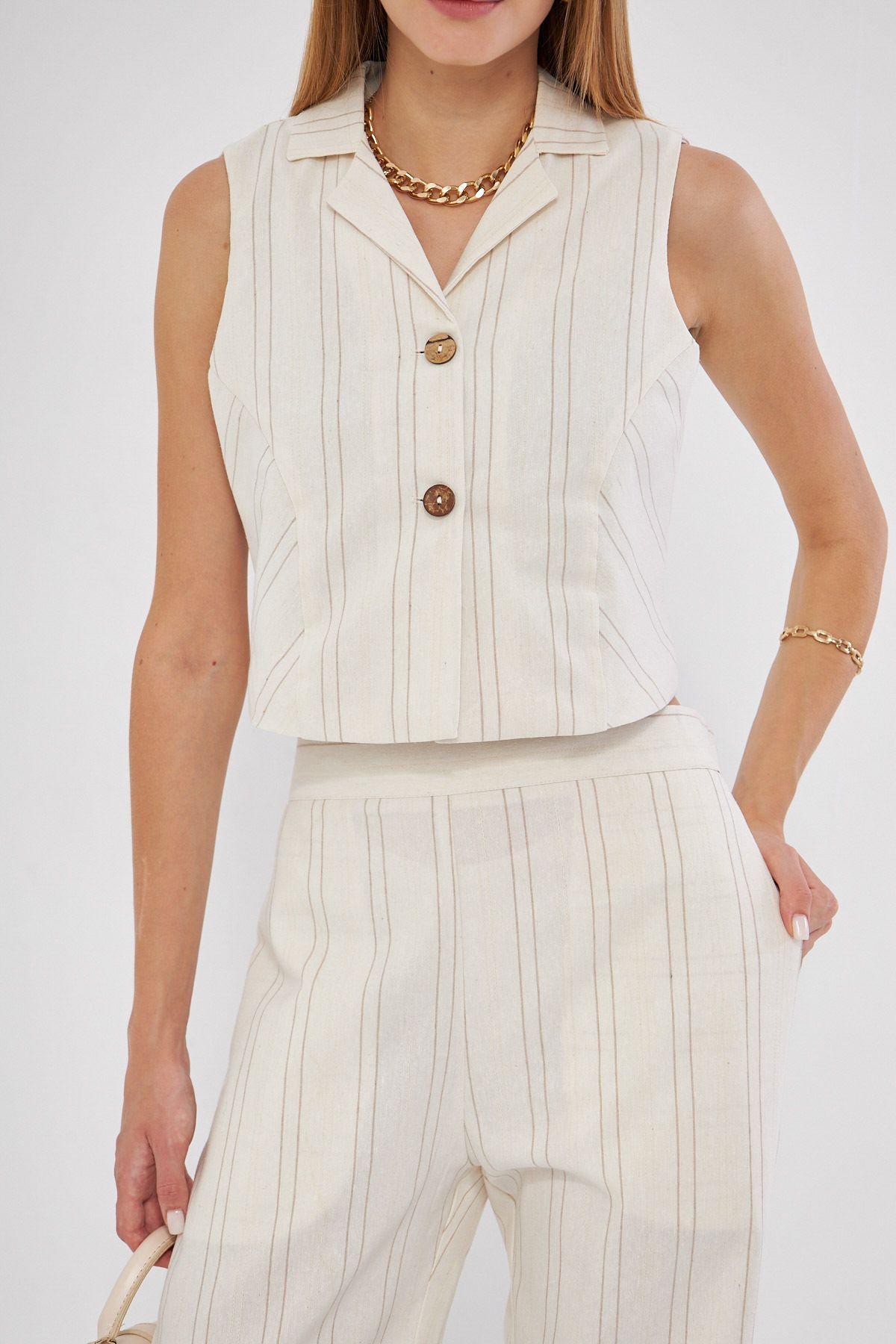 Female Beige Men's Collar Buttoned Vest Pants Binary Set ARM-24Y001114