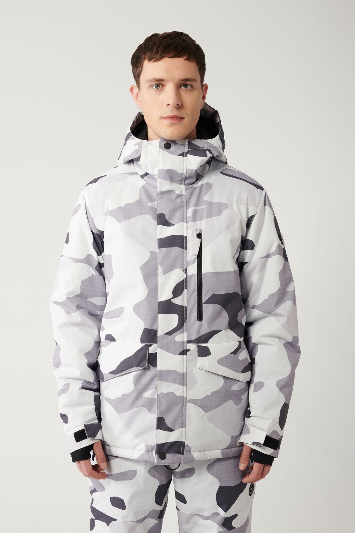 Men's White-Gray Hoped Patterned Water Protector Windproof SKI/Ski Coat A32Y6095