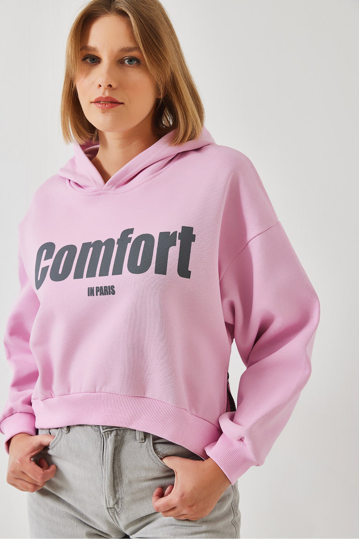 Women's Three Thread Raised Crop Sweatshirt with Side Zippers 60261016