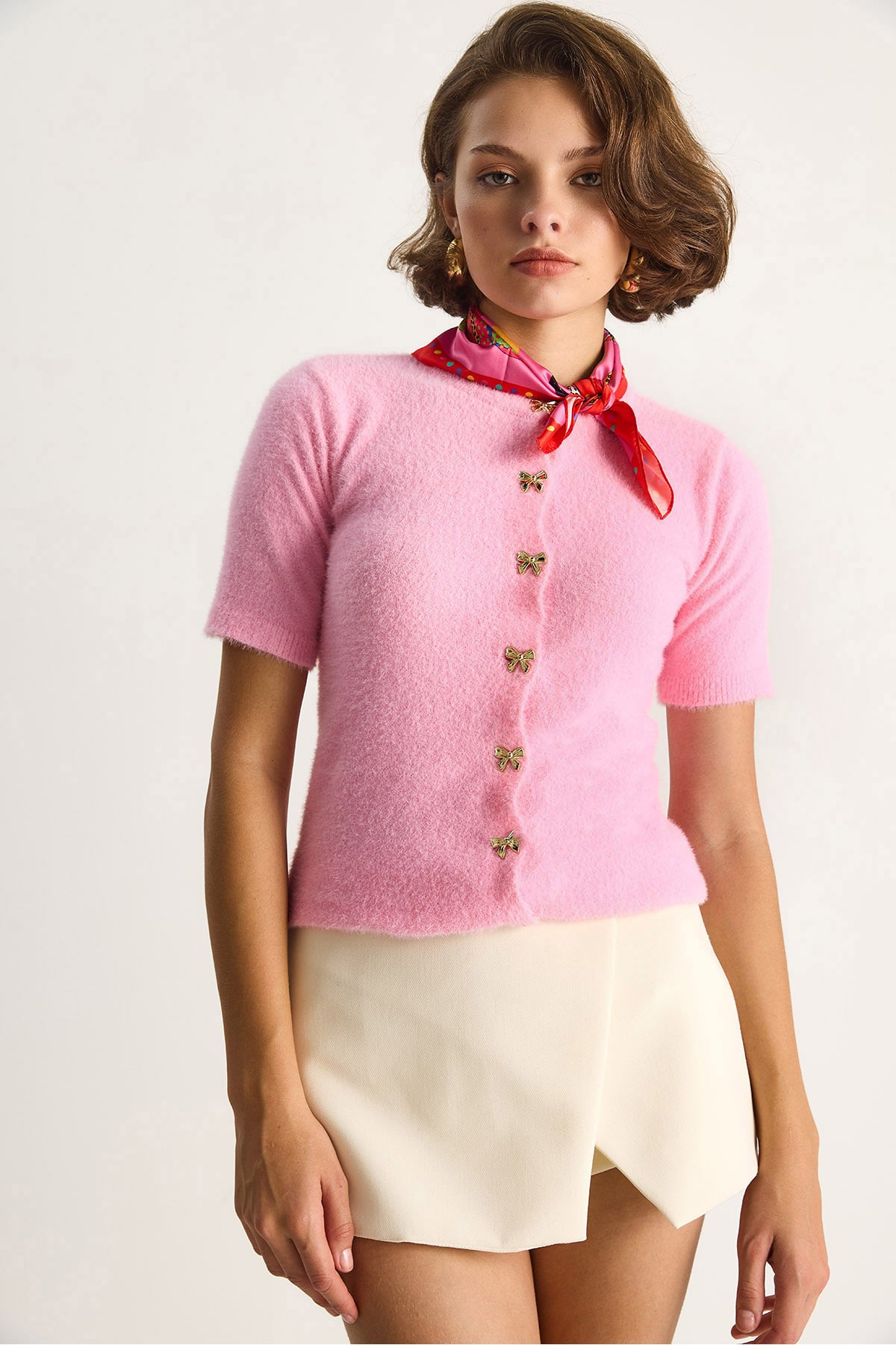 Women's Bow Button Detailed Soft Textured Knitwear Cardigan w25033 60284078