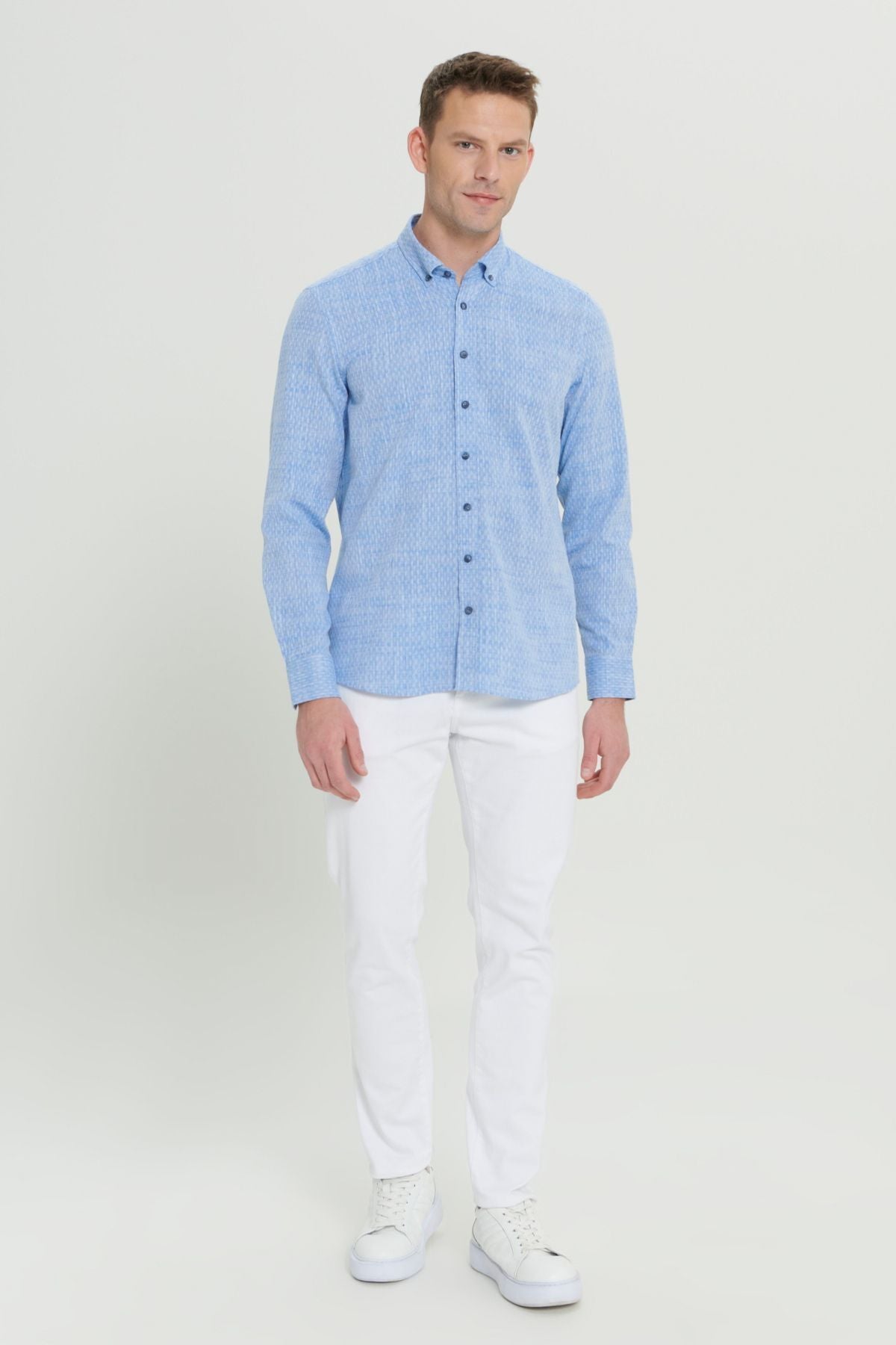 Men's Blue Slim Fit Narrow Cut 100 %Cotton Ameful Buttoned Buttoned Neck Casual Shirt