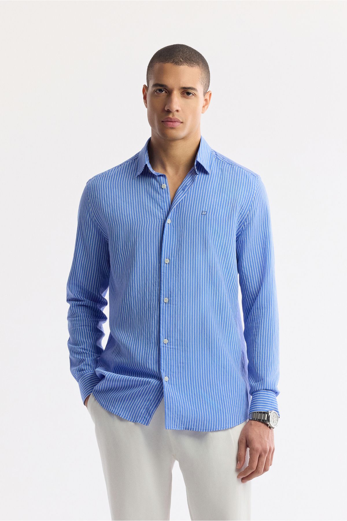 Men's Blue Better British collar striped viscose mixed comfort fit long arm shirt A51y2128