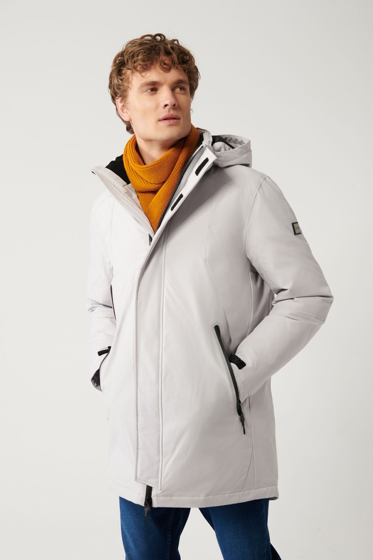 Men's light gray coat goose feather water repulsive windproof thermometer removable hooded comfort