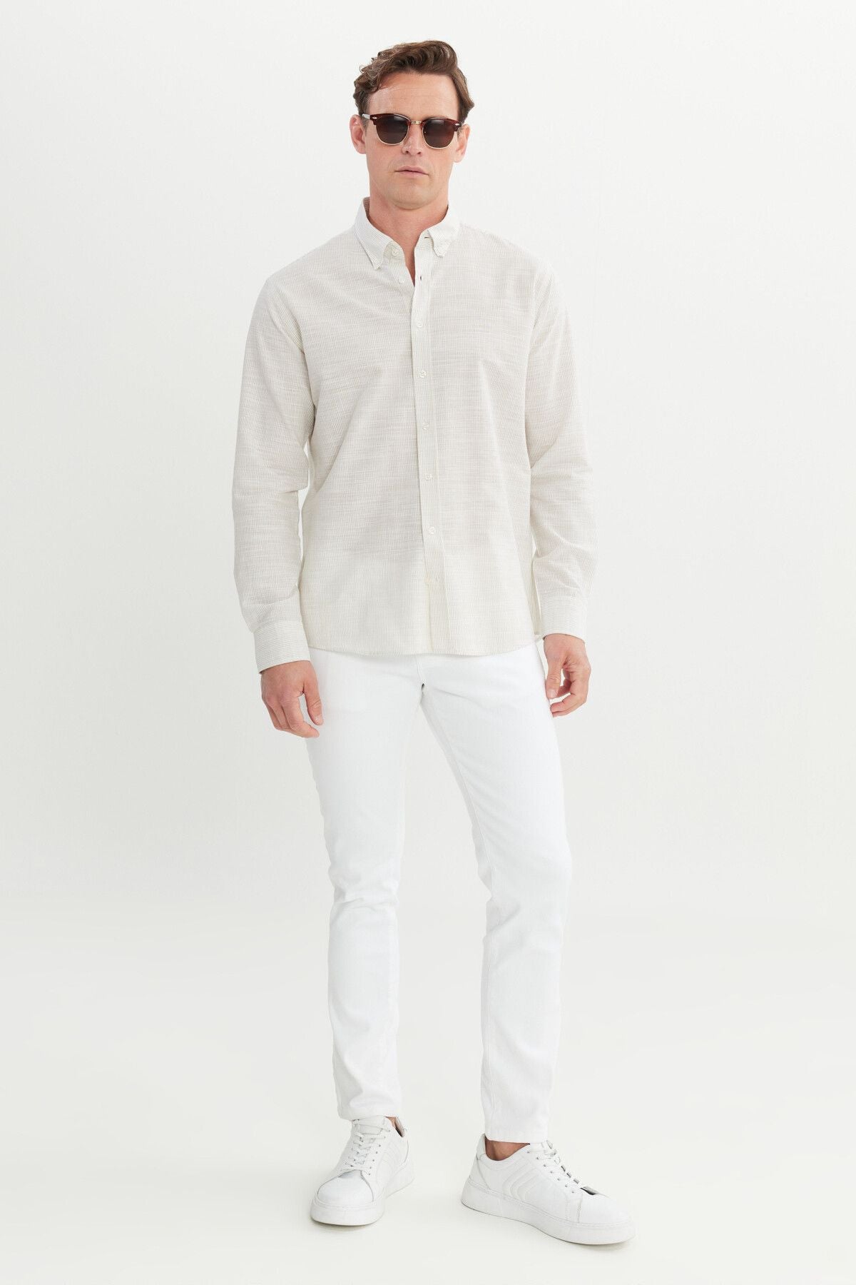 Men's Beige 100 %Cotton Comfort Fit Casual Cutting Buttoned Neckline Shirt