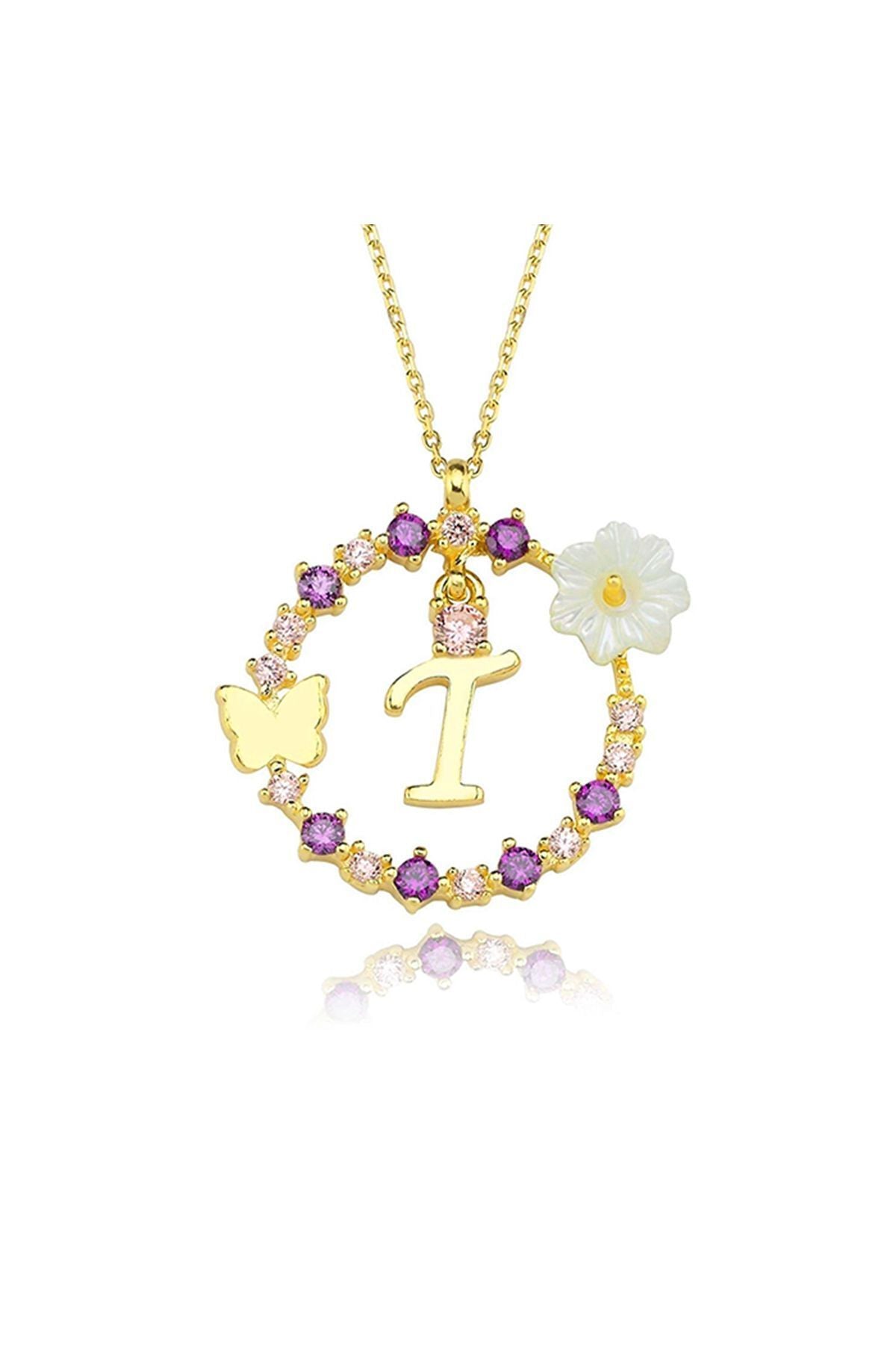 Magnolia Flower Dreams Glitter 14k Gold T letter women necklace