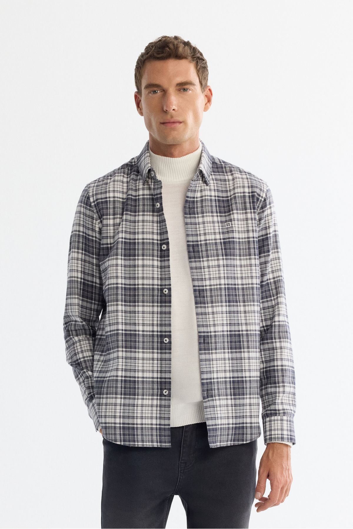 Men's gray bottom Britli collar plaid 100 %cotton flannel shirt A42Y2143
