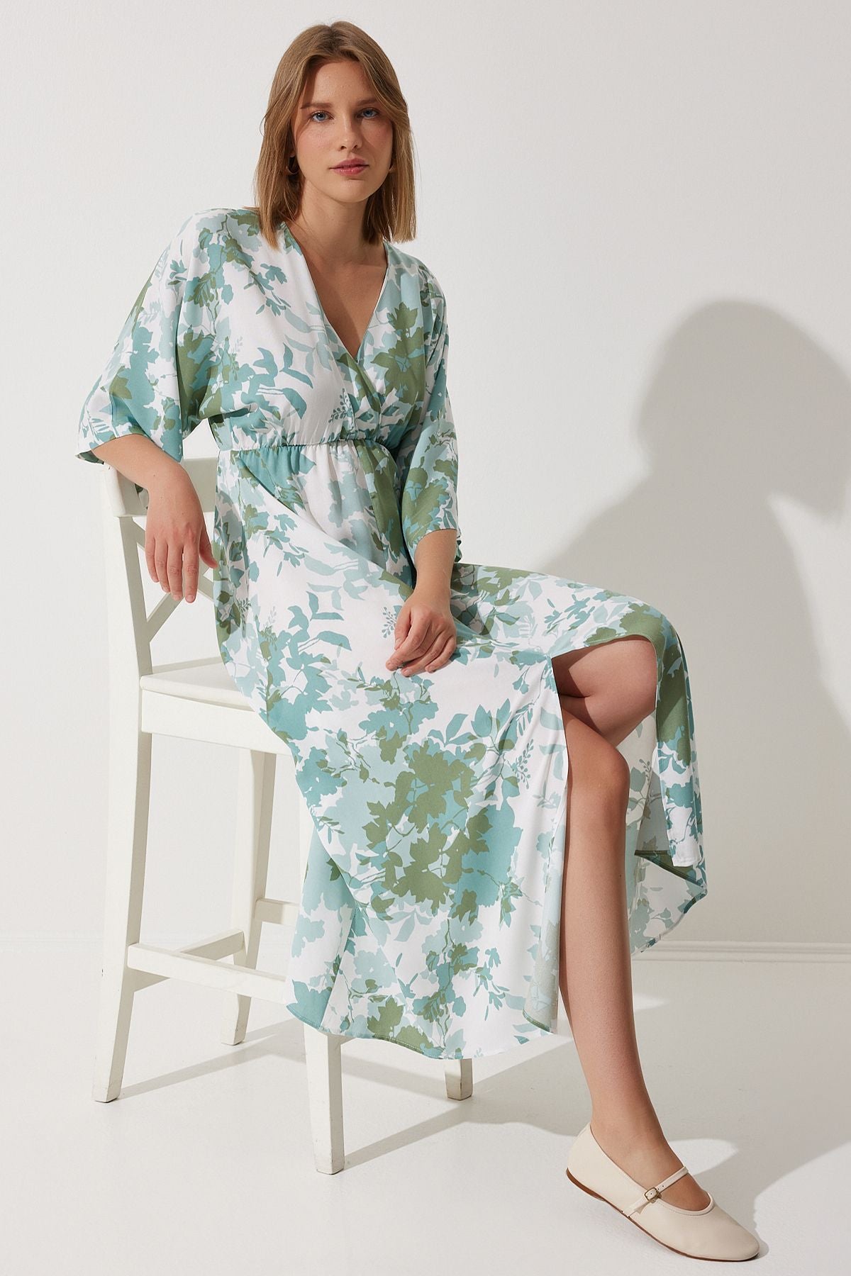 Women's Cagla Green Anvelop Yaka Patterned Summer Viscose Dress DK00166