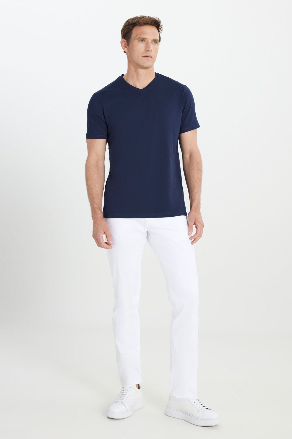 Men's 100 %cotton V -neck navy blue slim fit narrow cut T -shirt