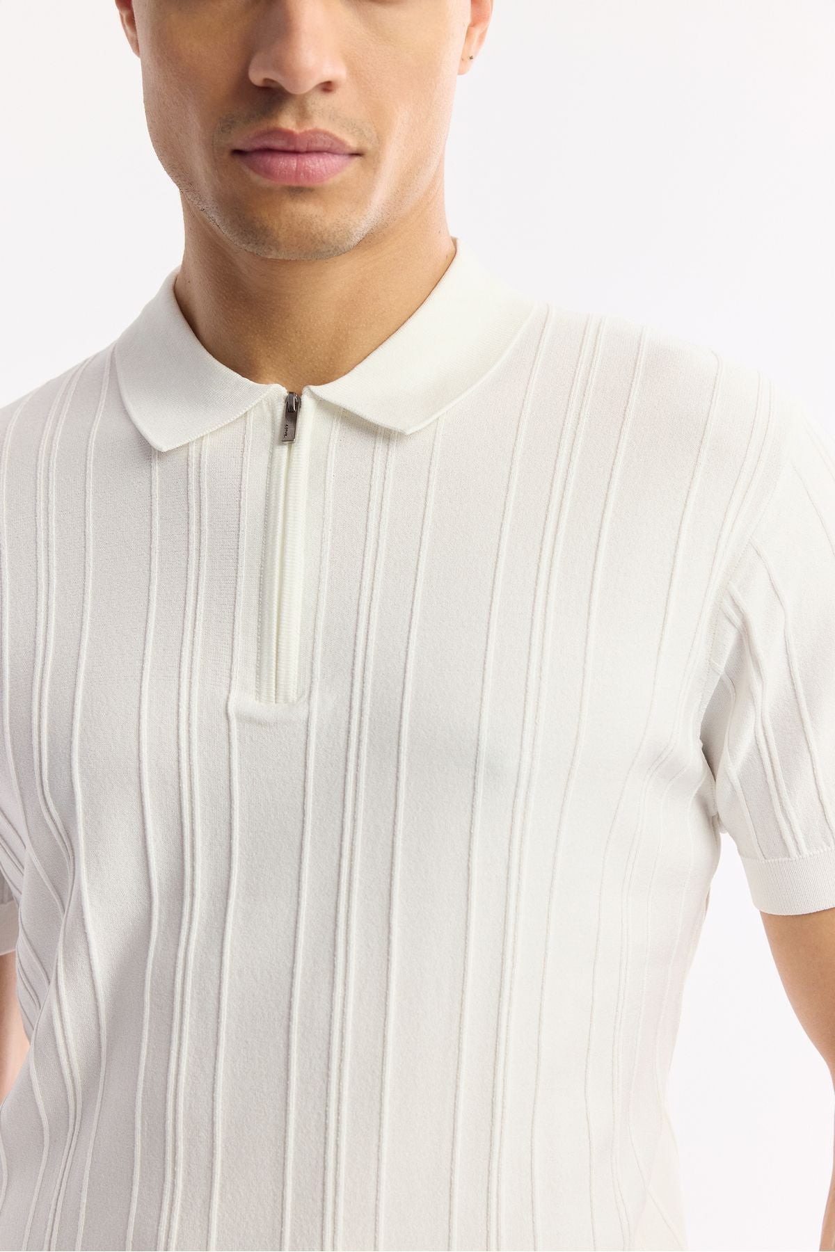 Men's Ecru Polo Yaka Zipper Wick Knit Detailed Rayon Triko T-shirt A51y5046