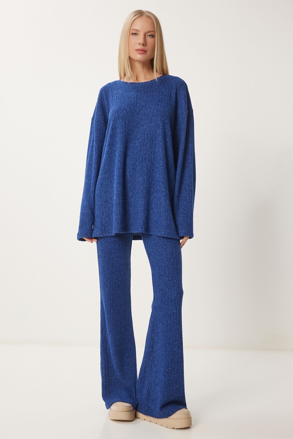Woman Cobalt Blue Casual Wick Knitting Blouse Pants Set RG00047