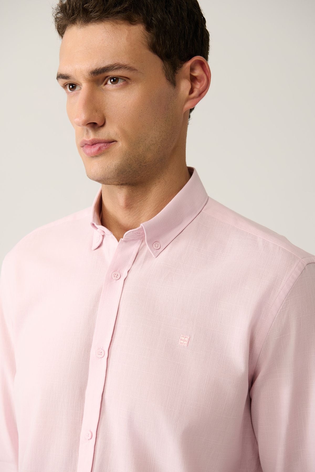 Men's Light Pink button collar 100 %cotton linen textured shirt E002141