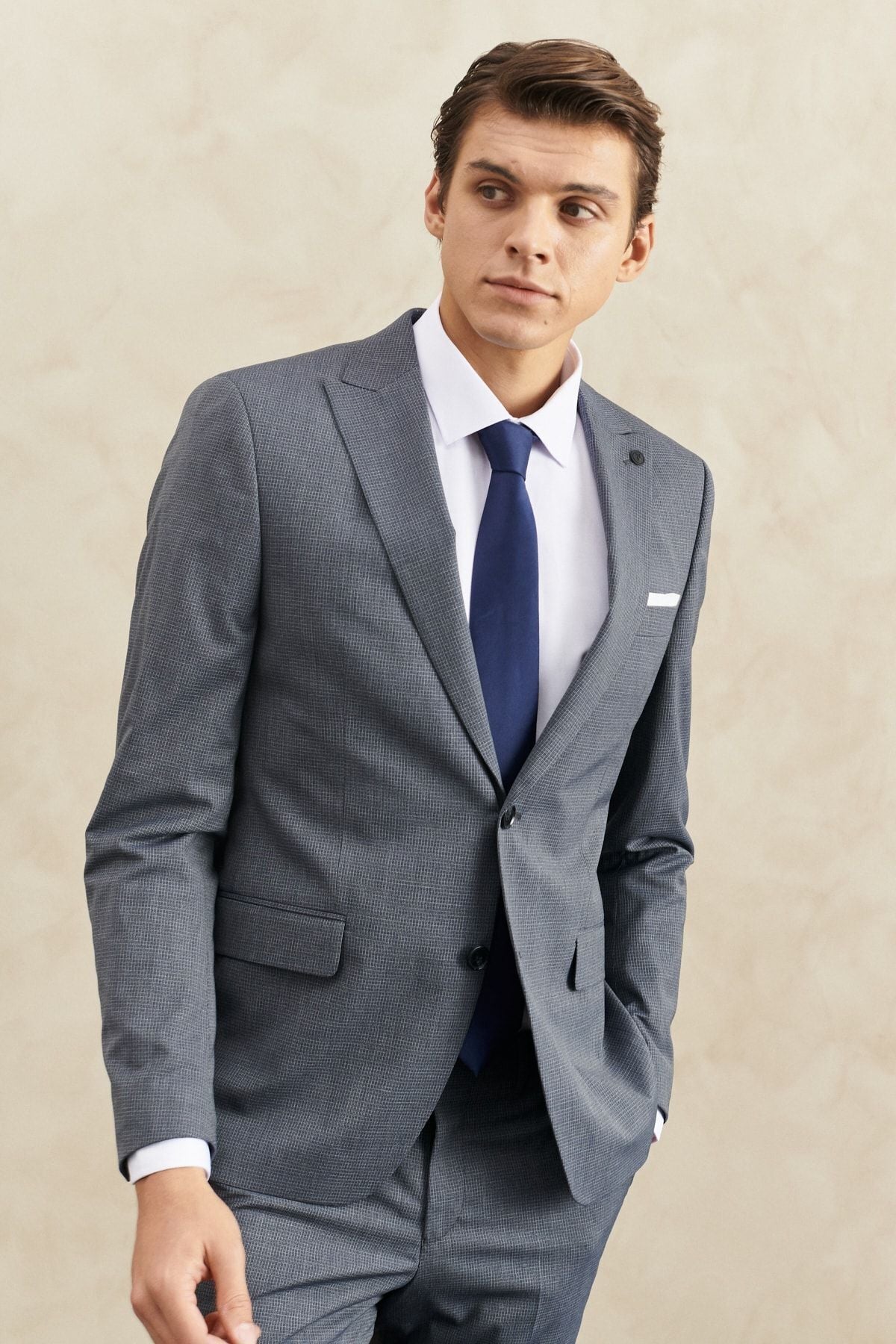 Men's navy blue-gray extra slim fit narrow-cut swallow collar classic suit