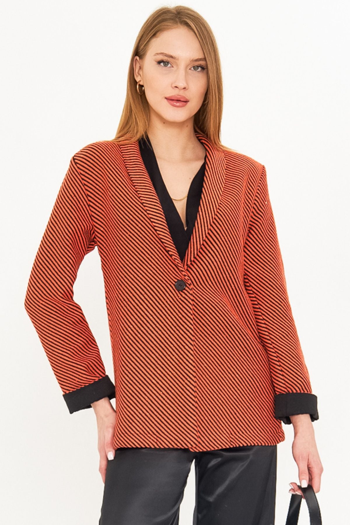 Women's Orange striped arm folded single button stamp jacket ARM-25K001106