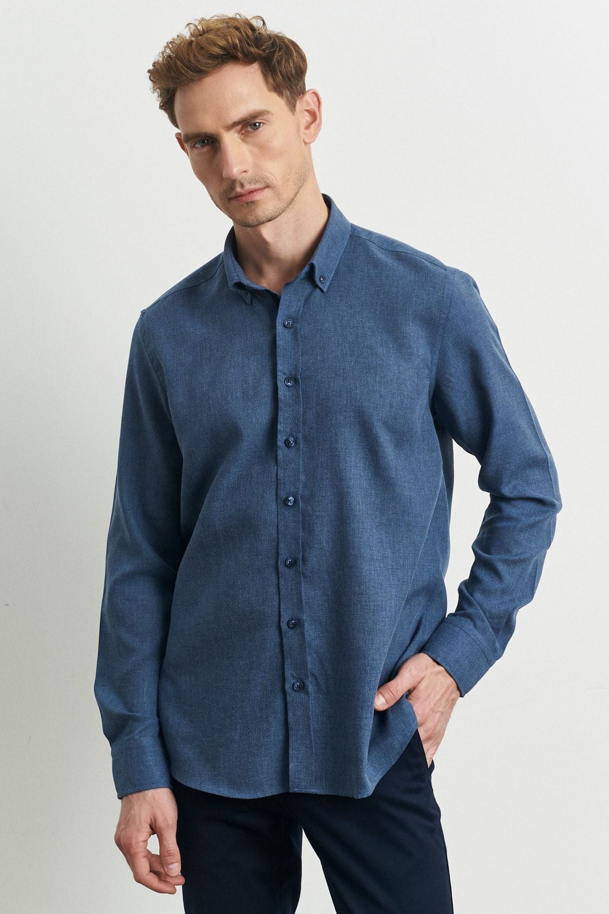 Men's Indigo slim fit narrow cut buttoned collar flannel wood shirt