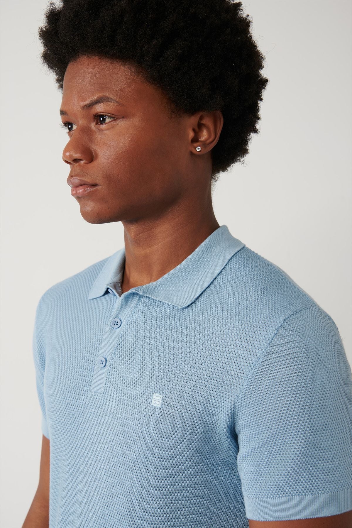 Men's Light Blue 3 Button Tissue Ribanian Polo Yaka Triko T-Shirt B005009
