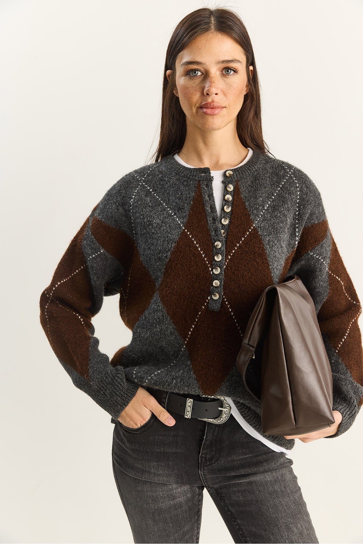 Women's 11 Buttons Diamond Patterned Basic Knitwear Sweater 20251089