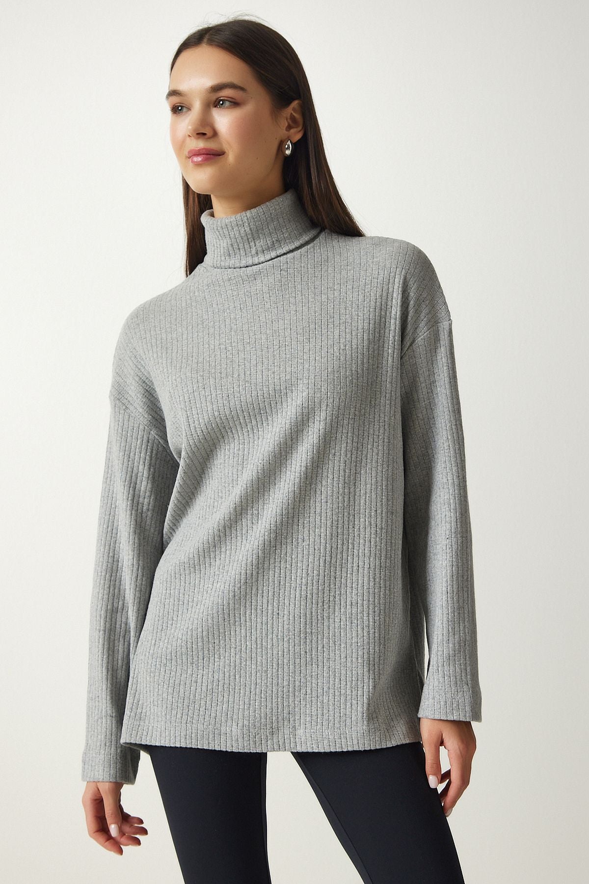 Women's Gray Fisherman Neck Vumor Oversize Knitting Blouse UB00213