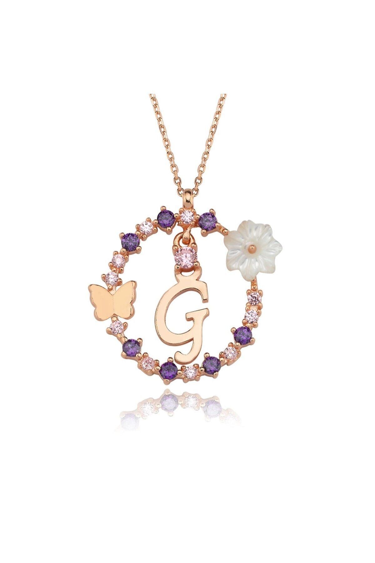 Magnolia Flower Dreams Glitter 14k Rose Gold G Letter Women Necklace