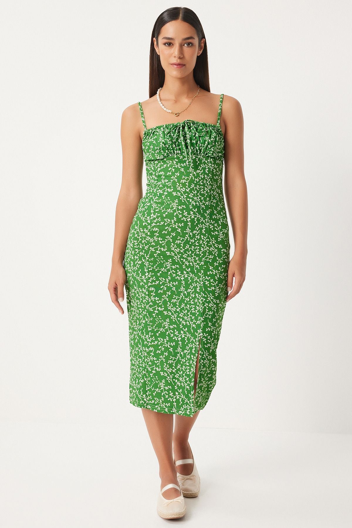 WOMEN'S VIEW GREEN WHITE FLOWER SUBMAC SUMMER Knitting Dress CI00029