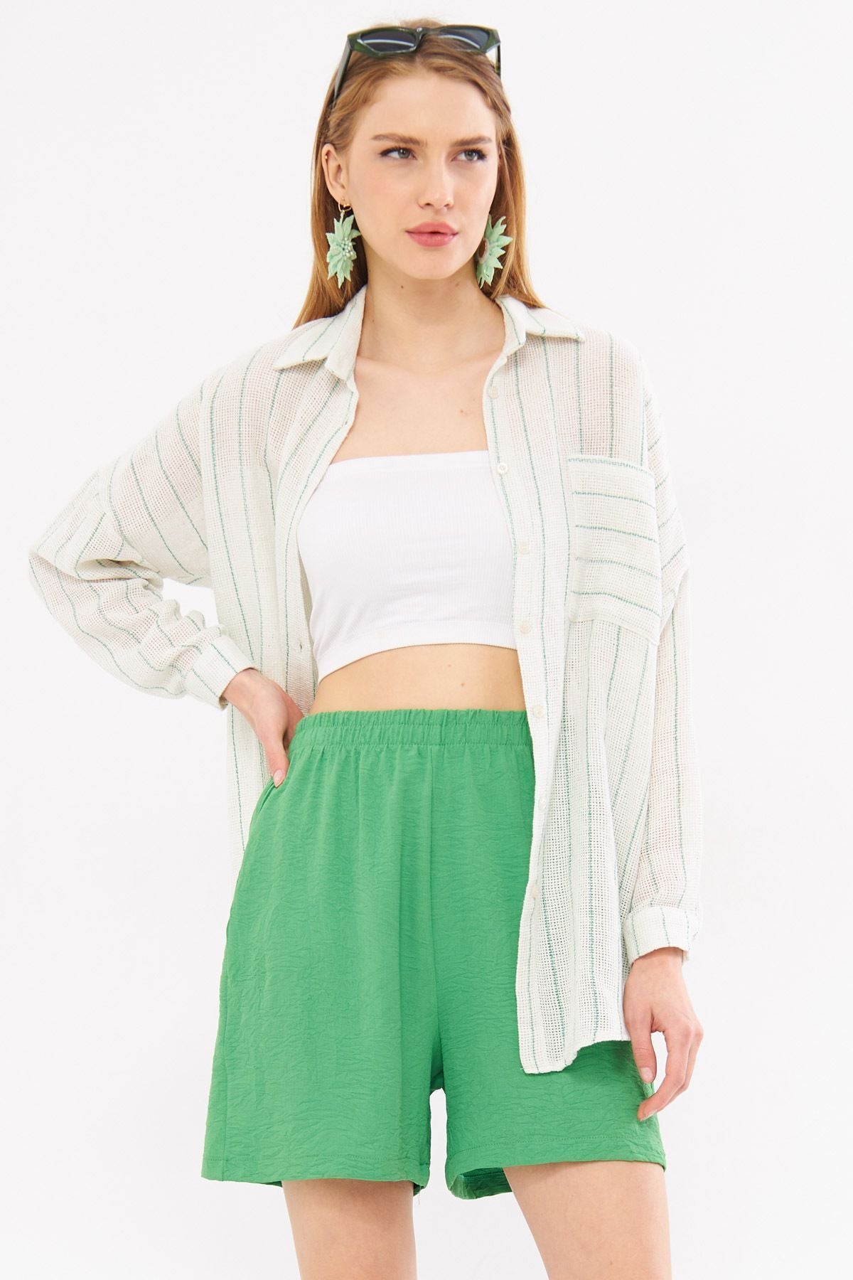 Female Green Long Sleeve Pocket detailed back Pleeled striped Oversize shirt ARM-24Y001053
