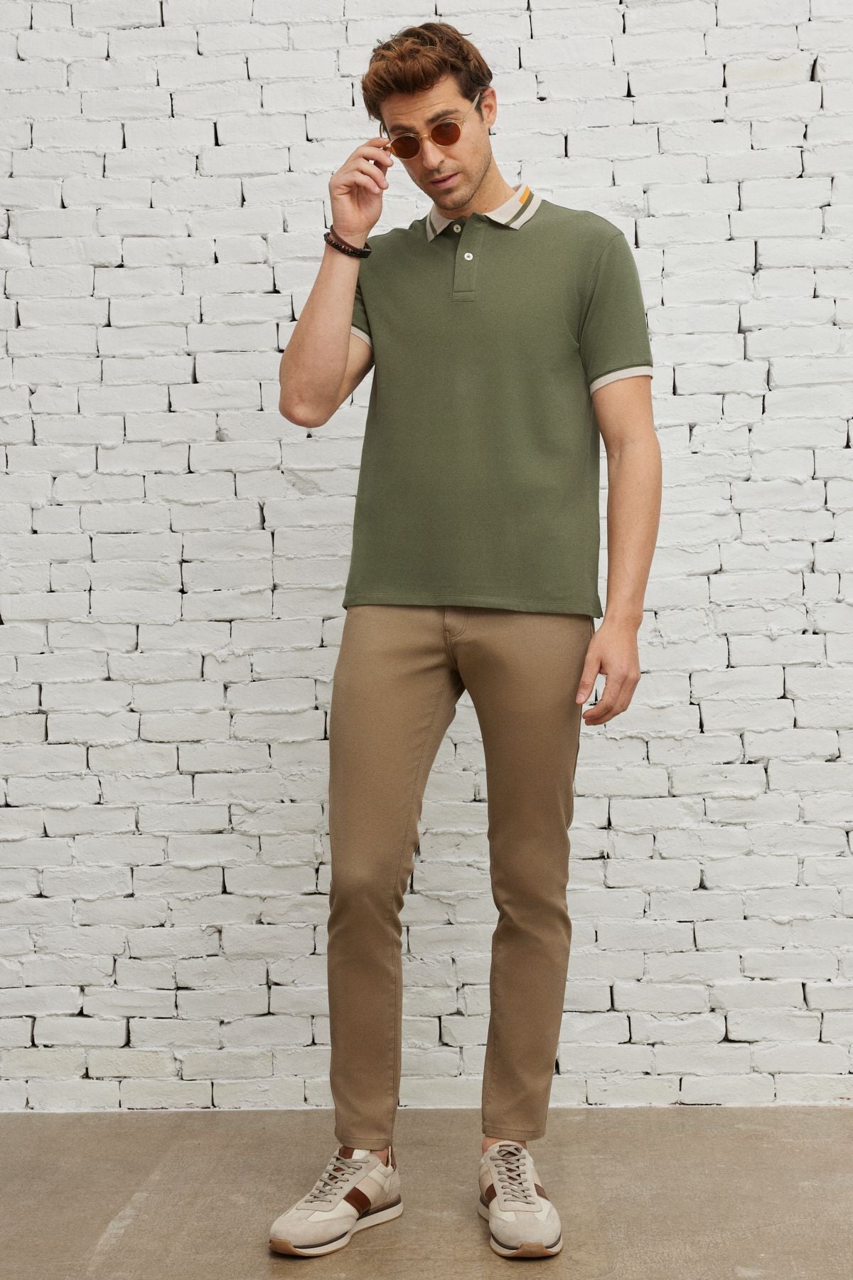 Male Khaki Slim Fit Narrow Cut 100 %Cotton Curiated Polo Yaka T -shirt