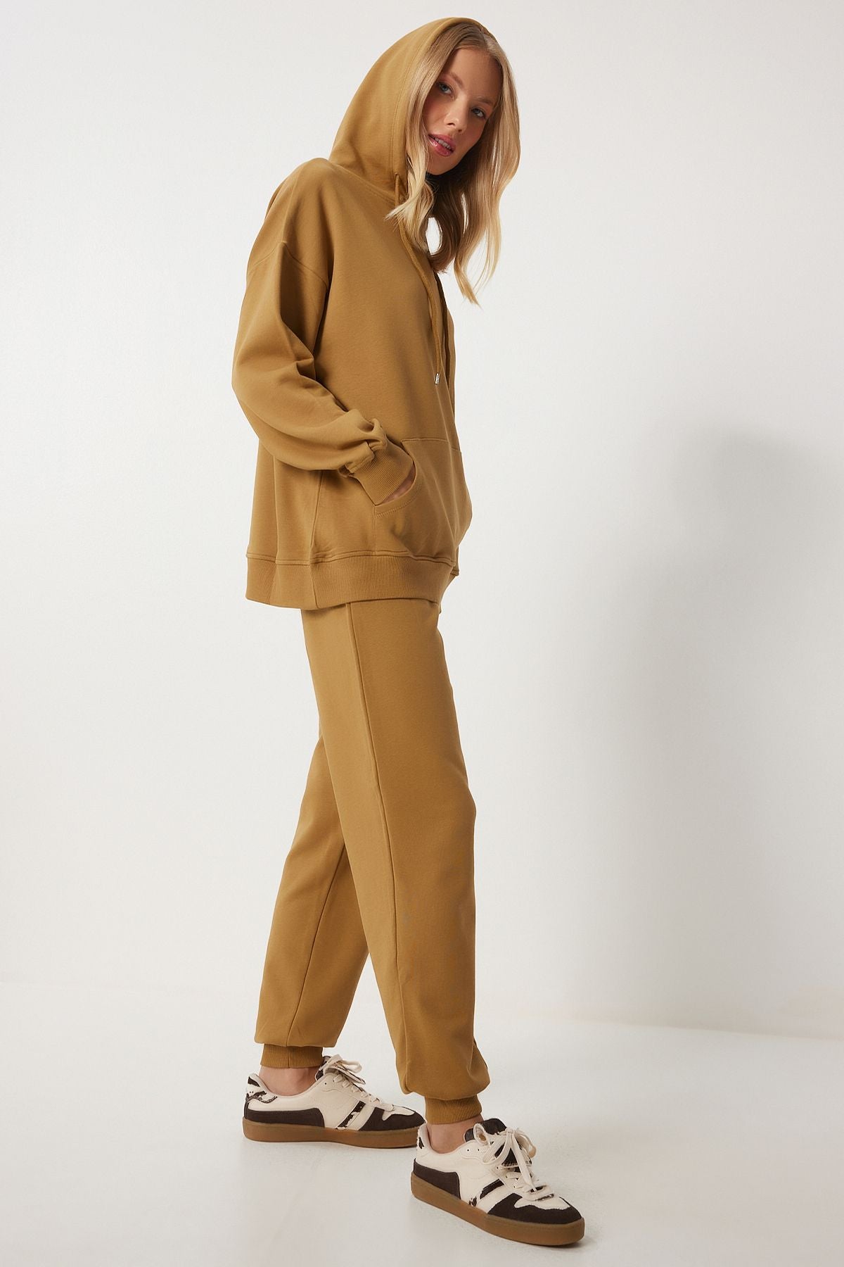 Woman Dark Mustard Hooded Sweatshirt Jogger Oversize Knitting Satatches Pys0027