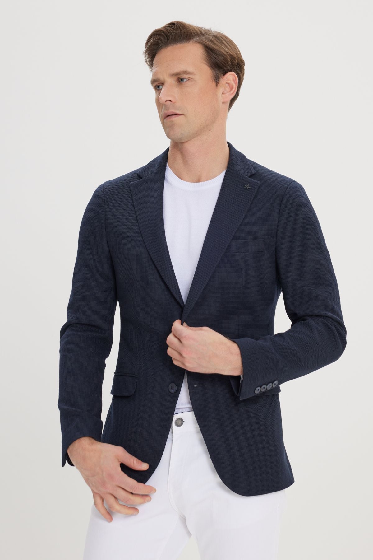 Men's navy blue 360 degrees stretching in all directions slim fit narrow cut mono collar blazer jacket