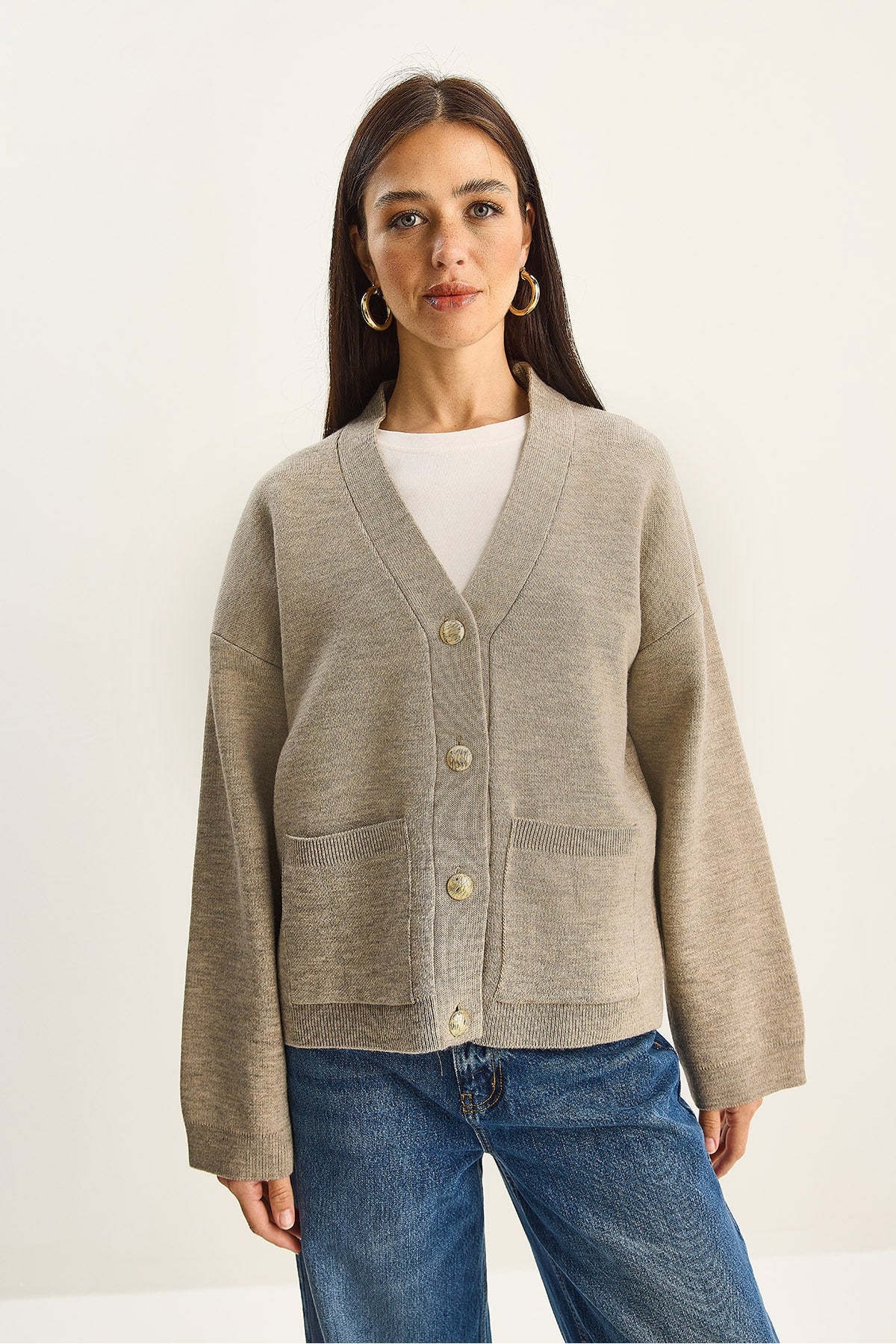 Women's Buttoned Pocket Detailed V-Neck Long Sleeve Knitwear Cardigan TH251059 60283799