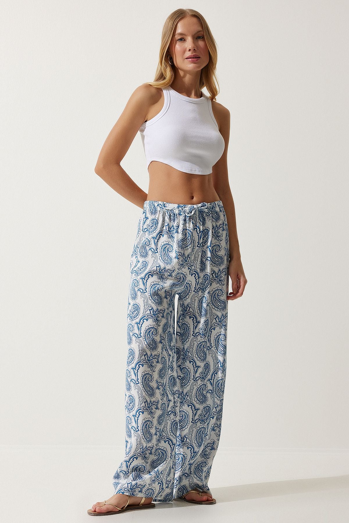 Woman White Light Blue Patterned Raw Linen Palazzo Pants BH00397