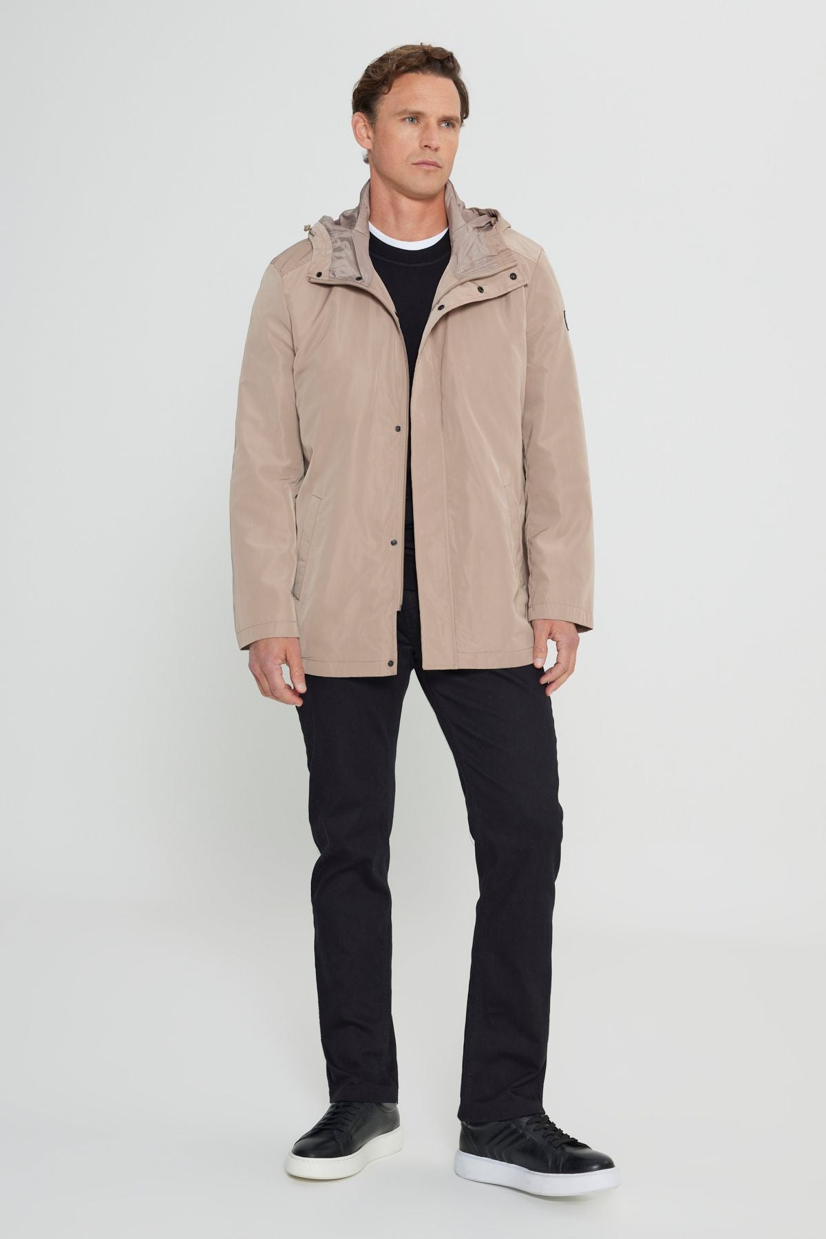 Men's mink standard fit normal cut windproof hooded upright collar coat trench coat