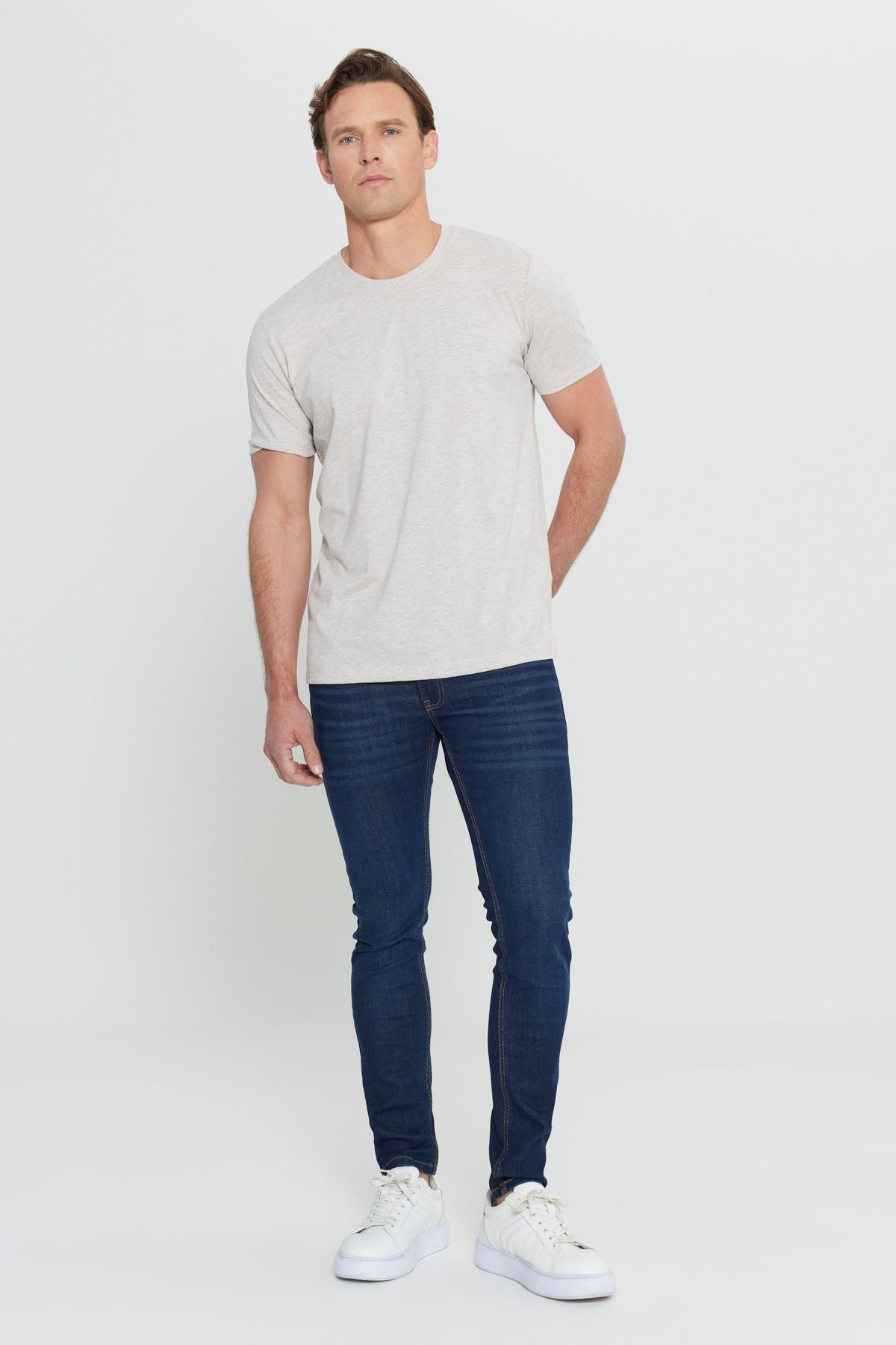 Men's beige melanja cotton slim fit narrow cut bicycle collar Basic T -shirt
