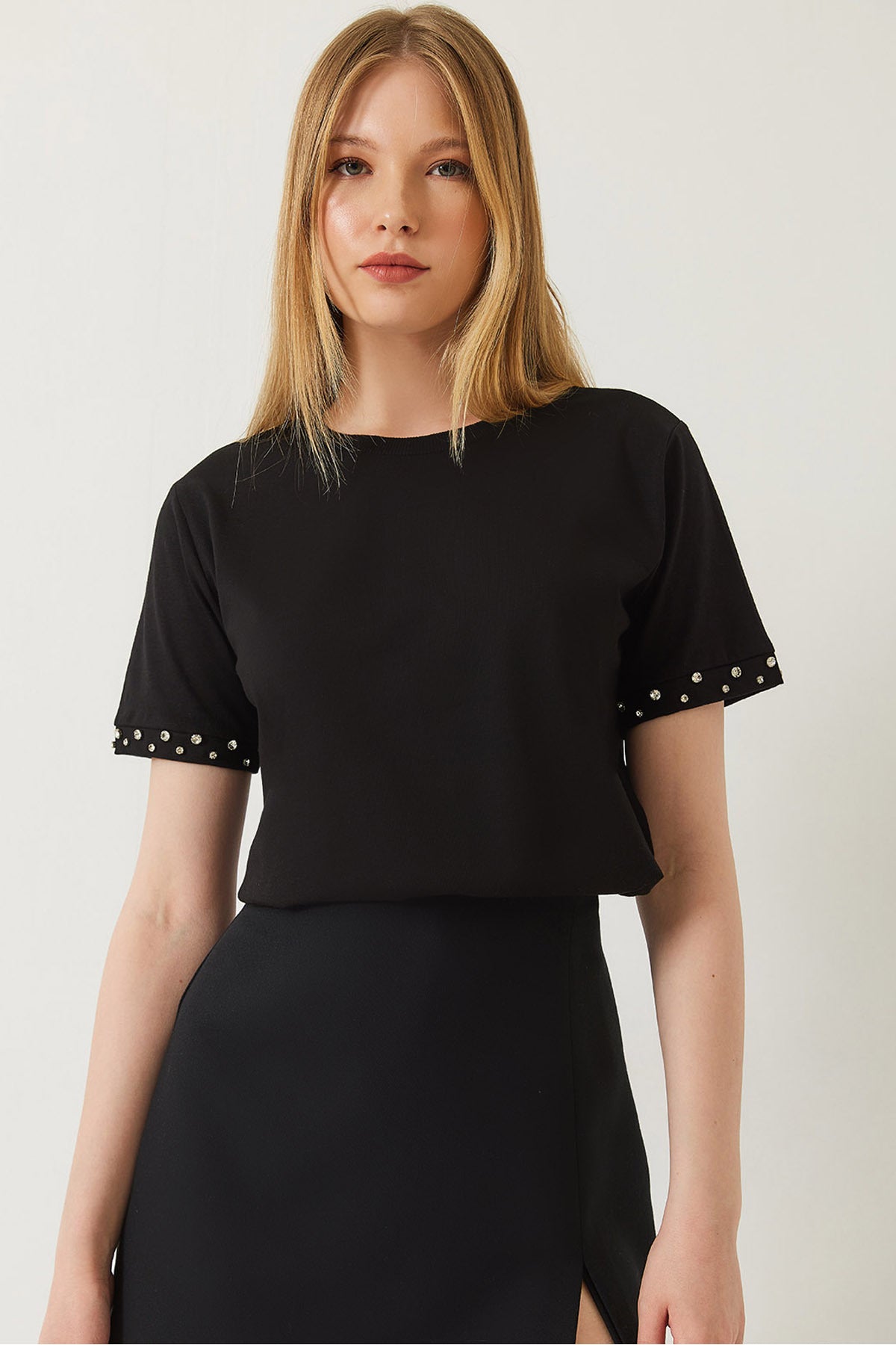 Women's T-shirt with Stone Embroidered Sleeves 60602002