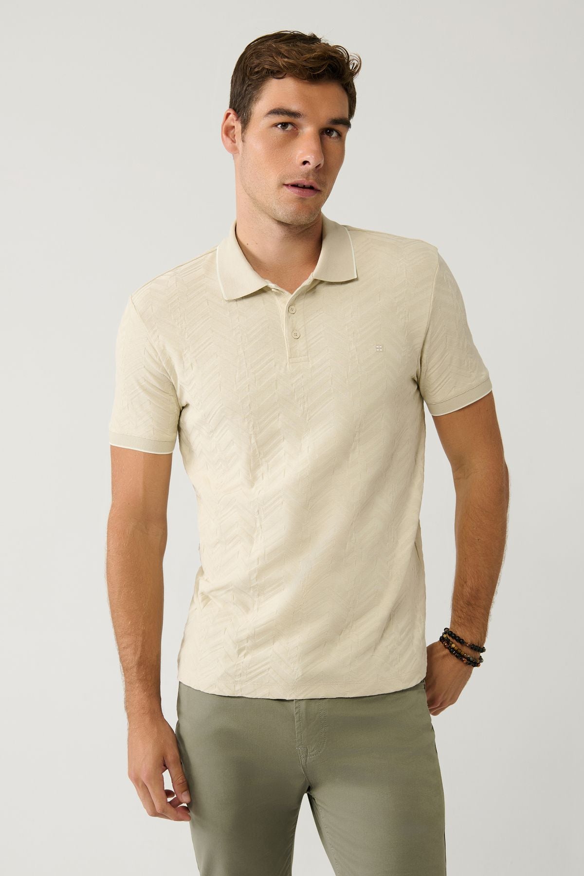 Men's Beige 100 %Cotton 3 Buttoned Jacquard Polo Yaka T-Shirt A41y1147