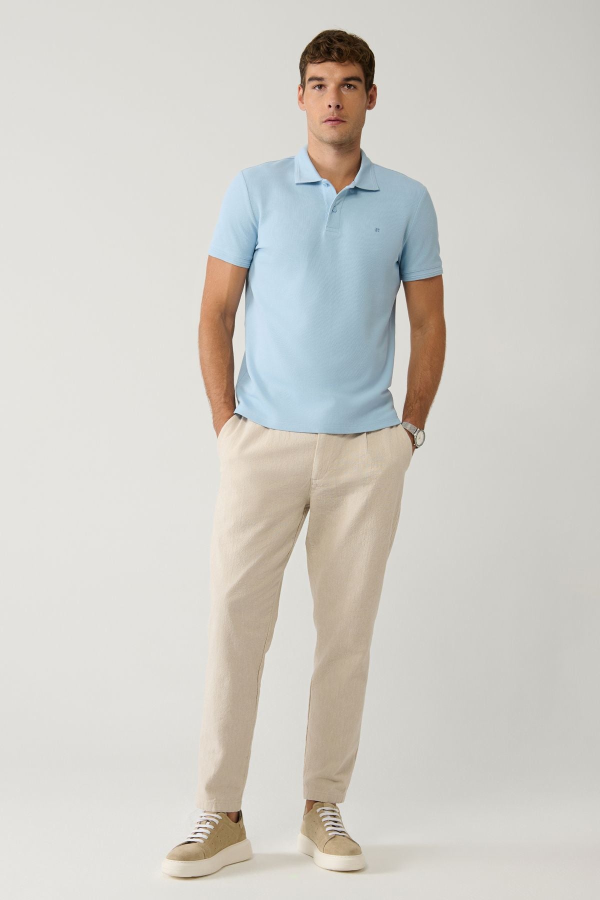 Men's Beige Waist Lacked Lined Linen Cotton textured Chino Pants B003036