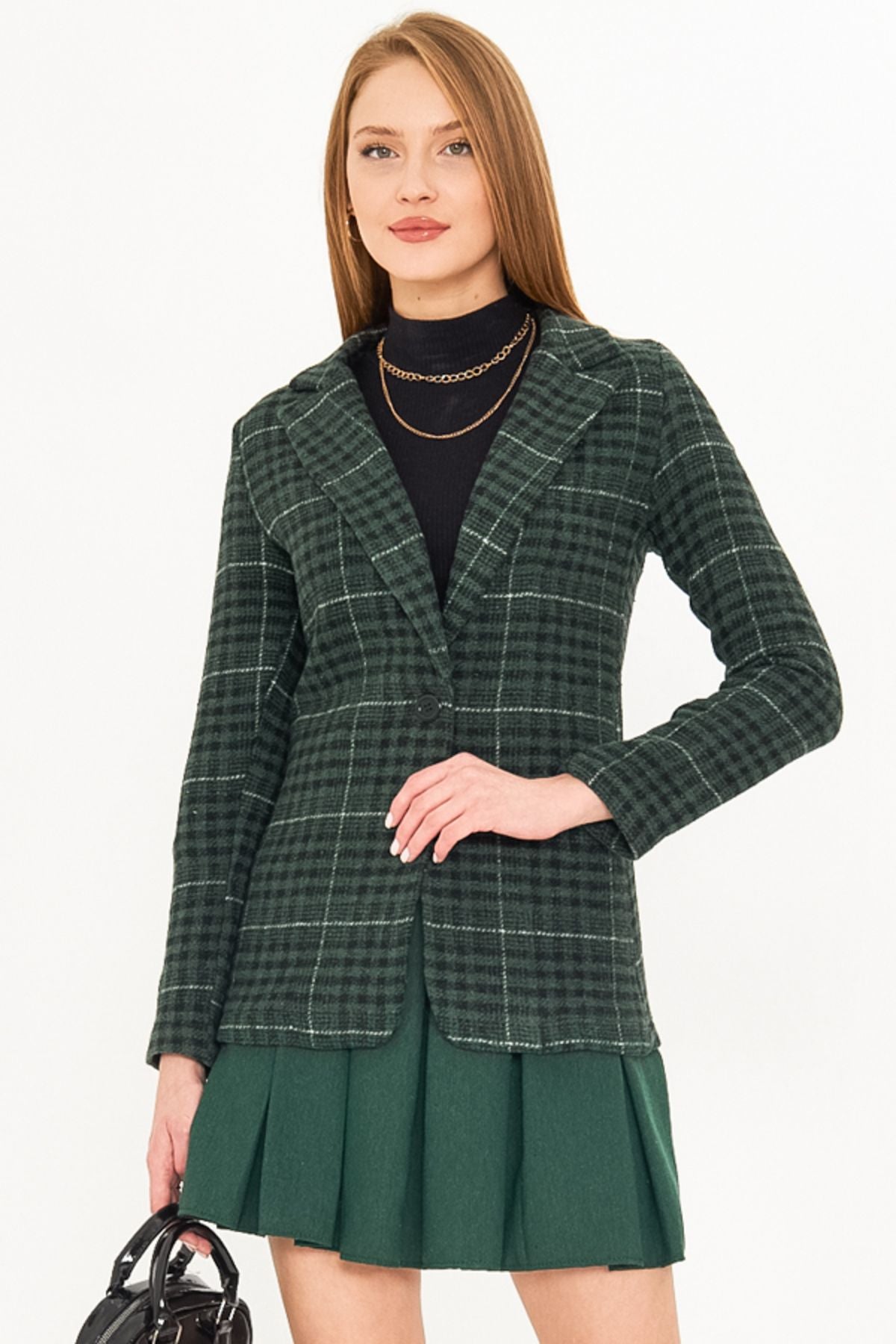 Female emerald plaid pattern single button stamp jacket ARM-25K001083