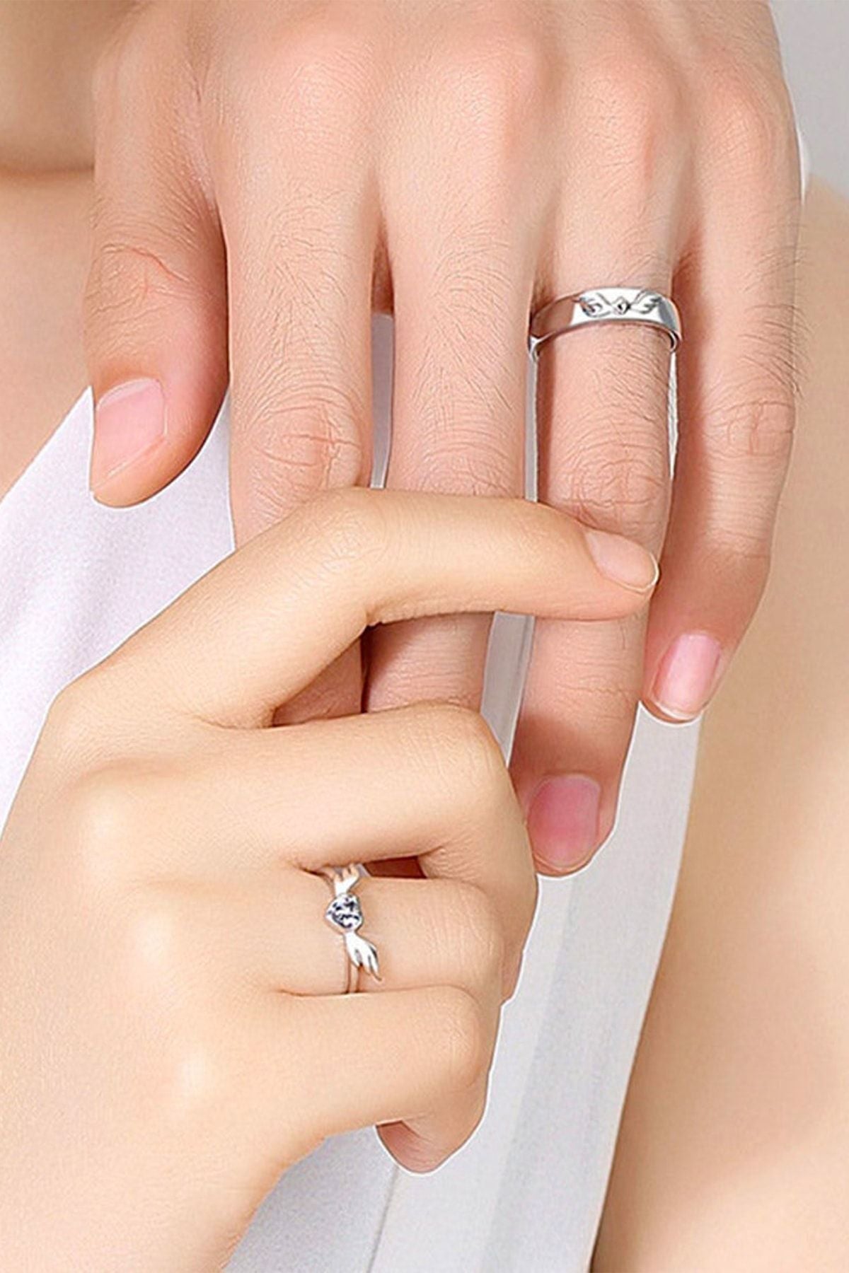 Silver Plated with Angel Motif Double wedding rings ring