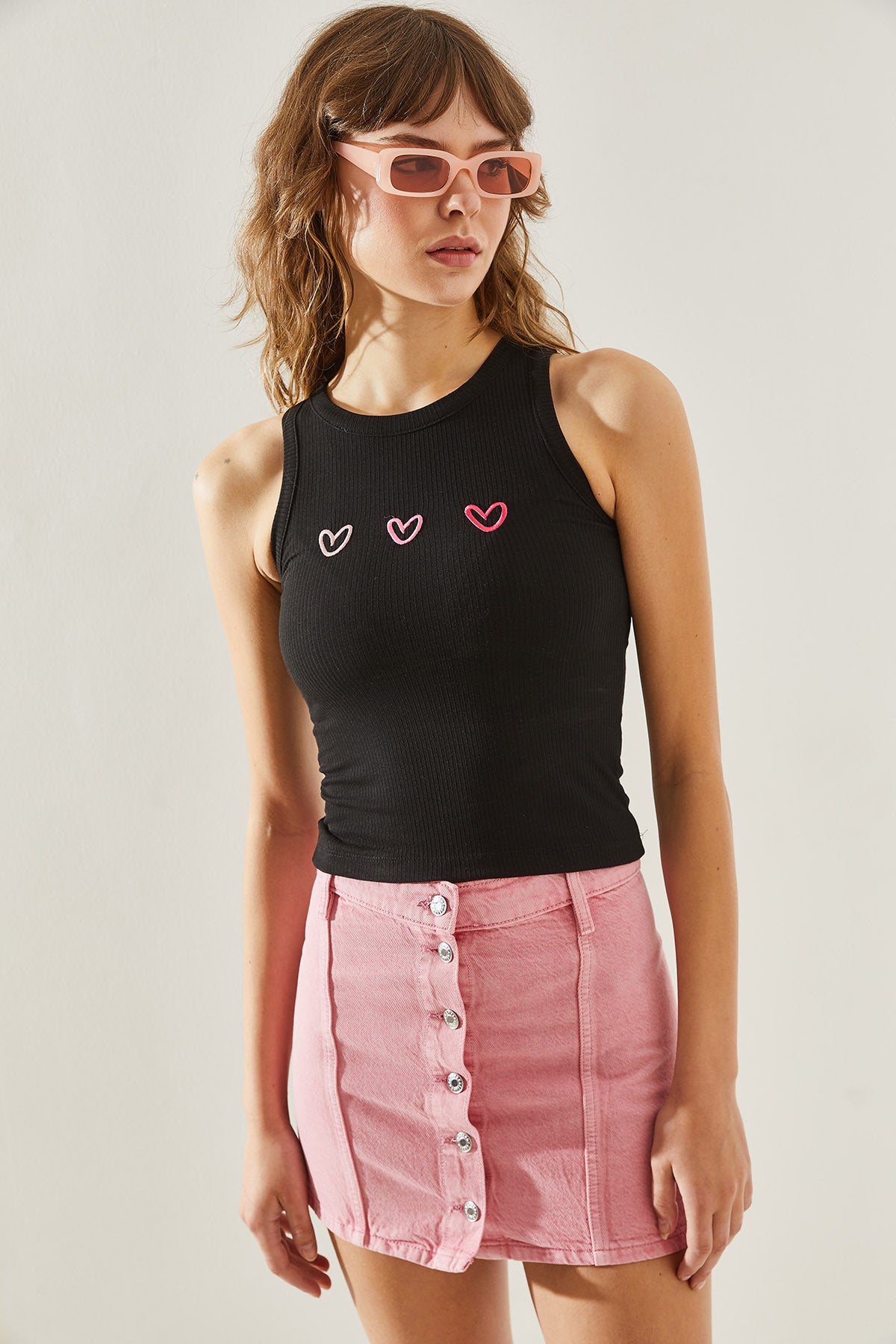 Women's Thin Strap Heart Embroidered Combed Cotton Blouse 60251200