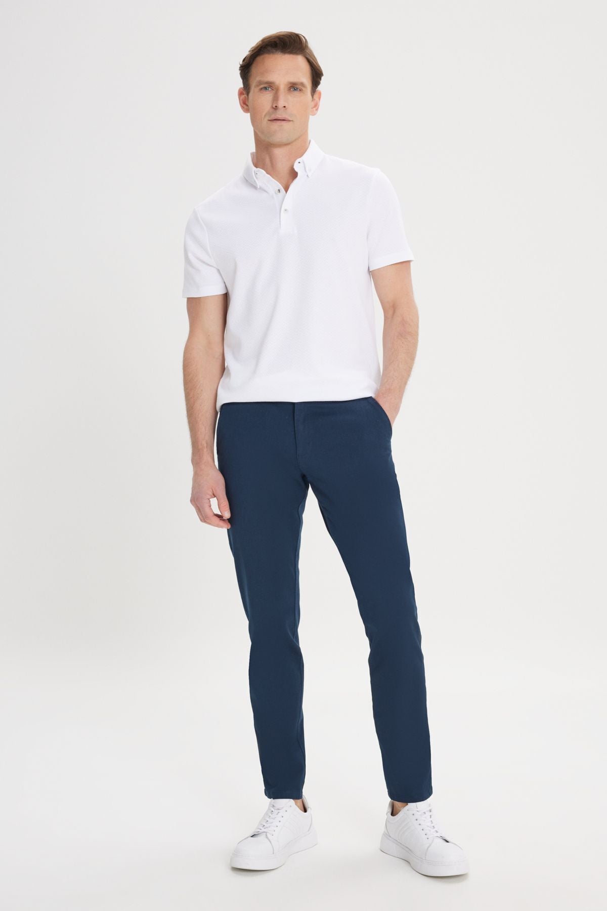 Men's navy blue canvas slim fit narrow cut side pocket flexible chino pants