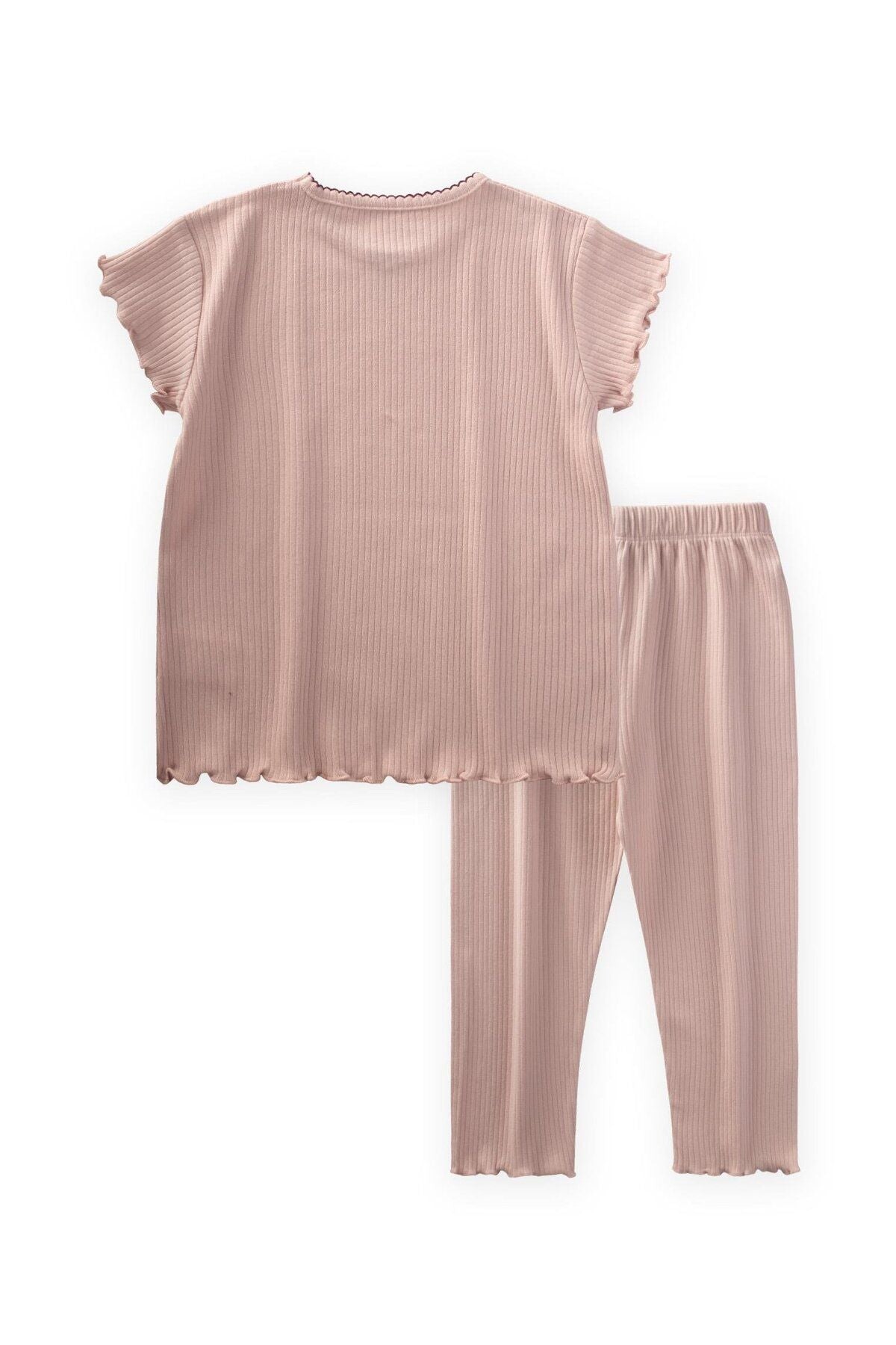 Bow Bow Side Embroidered Pajamas Set 2-10 Age Powder Pink Pink